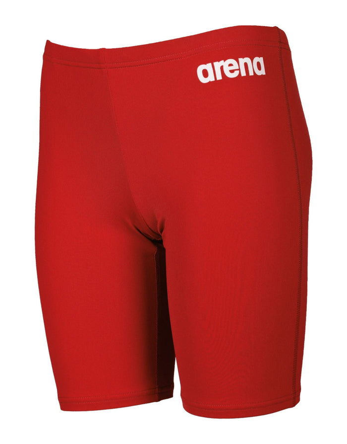 Red Arena boys team solid swim jammer with white logo