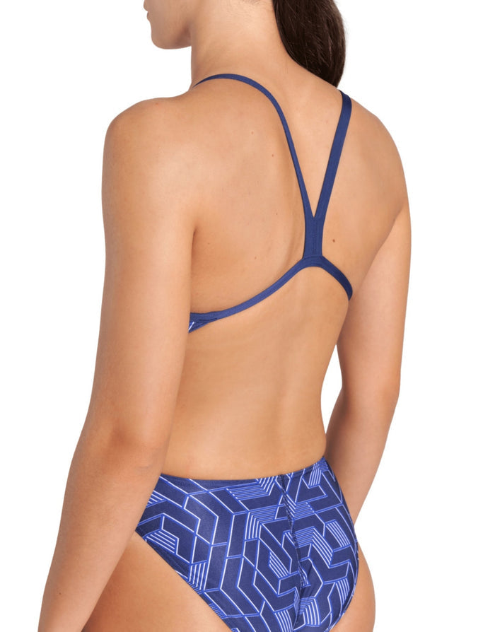 Navy Arena Escape Challenge bikini with blue geometric print, high-waisted crisscross back