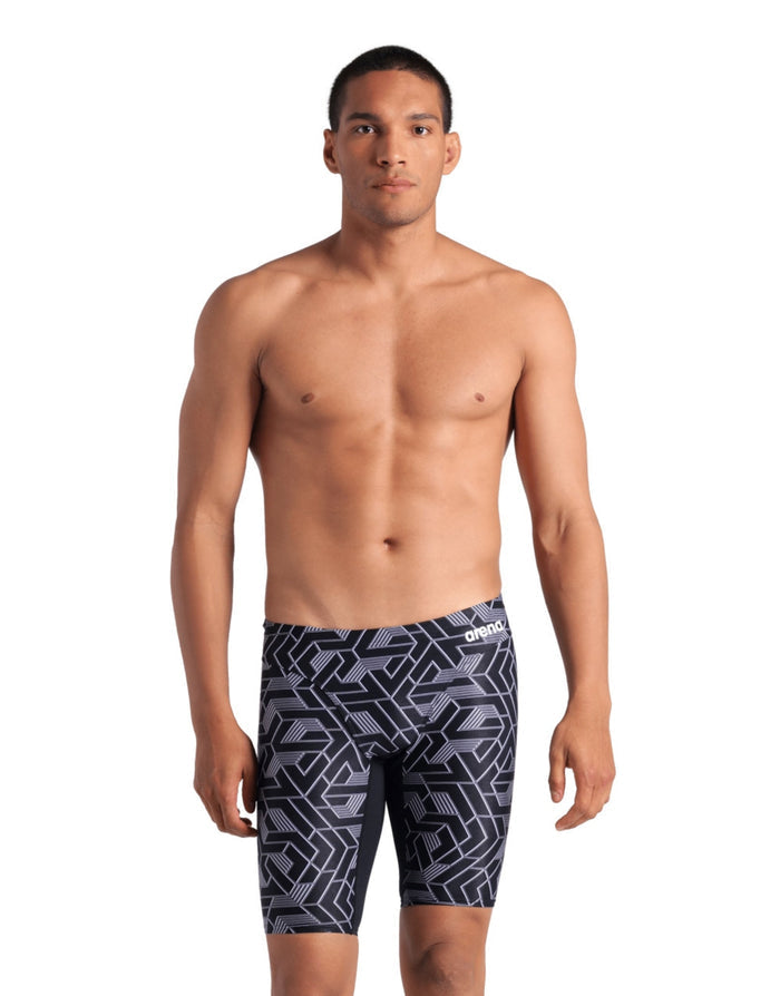 Black and gray geometric Arena Escape Swim Jammer trunks