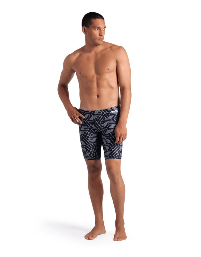 Arena Escape Swim Jammer black team swim trunks with blue black geometric pattern