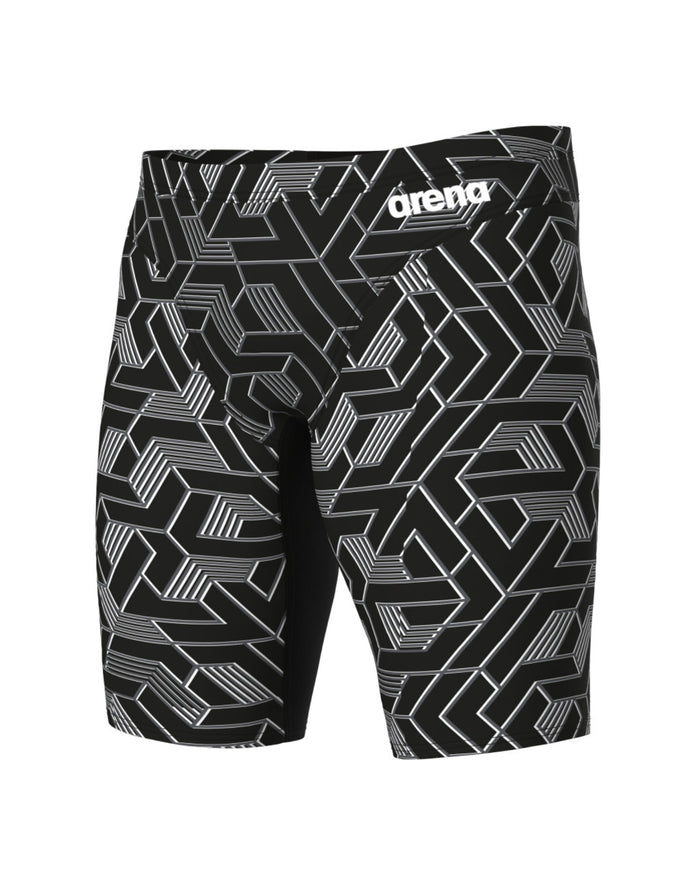 Arena Escape Swim Jammer black and white geometric trunks with silver accents