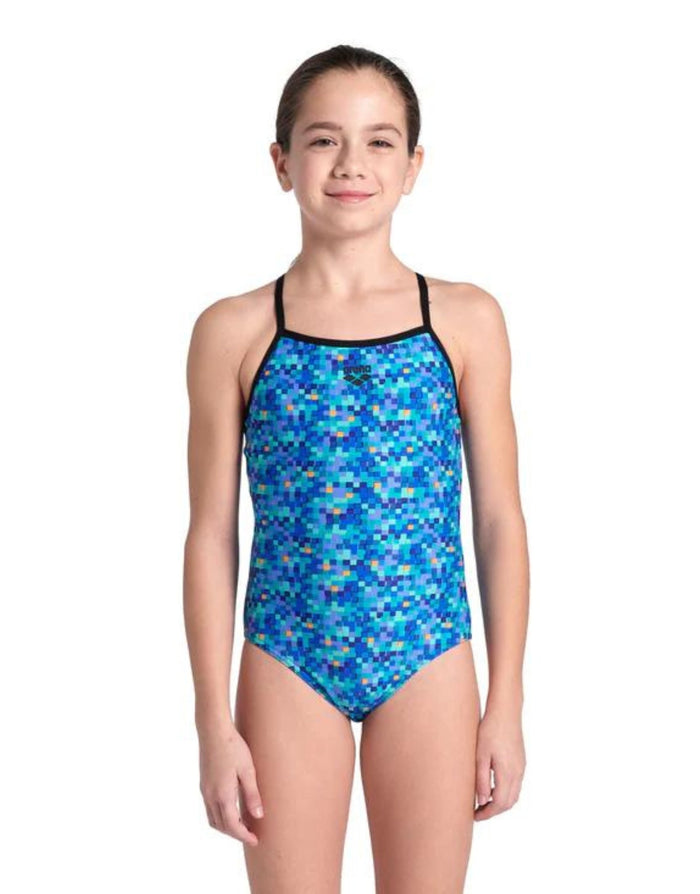Arena Girls Pooltiles Lightdrop swimsuit in blue mosaic tile with black trim