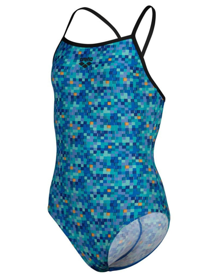 Cute girls pooltiles lightdrop swimsuit in black blue multi with blue pixelated design