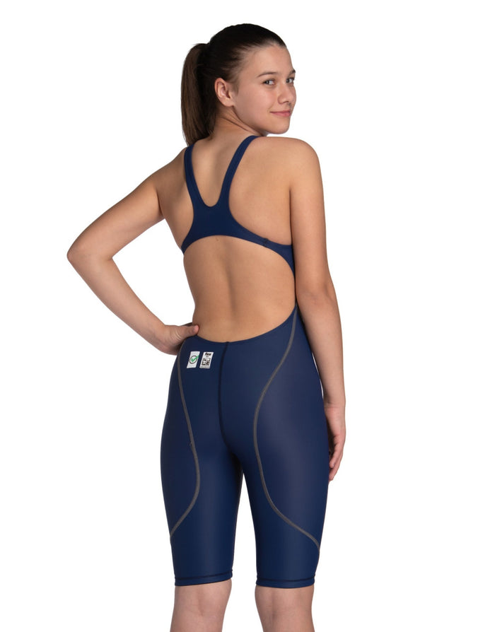 Navy Arena Girls Powerskin ST NEXT open back shorts with gold accents