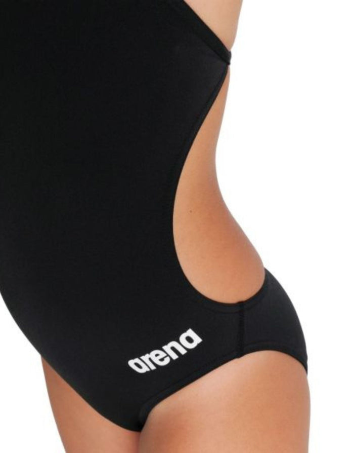 Arena Girls Team Challenge Solid Swimsuit in black with white logo