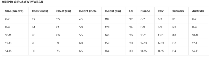 Arena girls team challenge solid swimsuit size chart black white