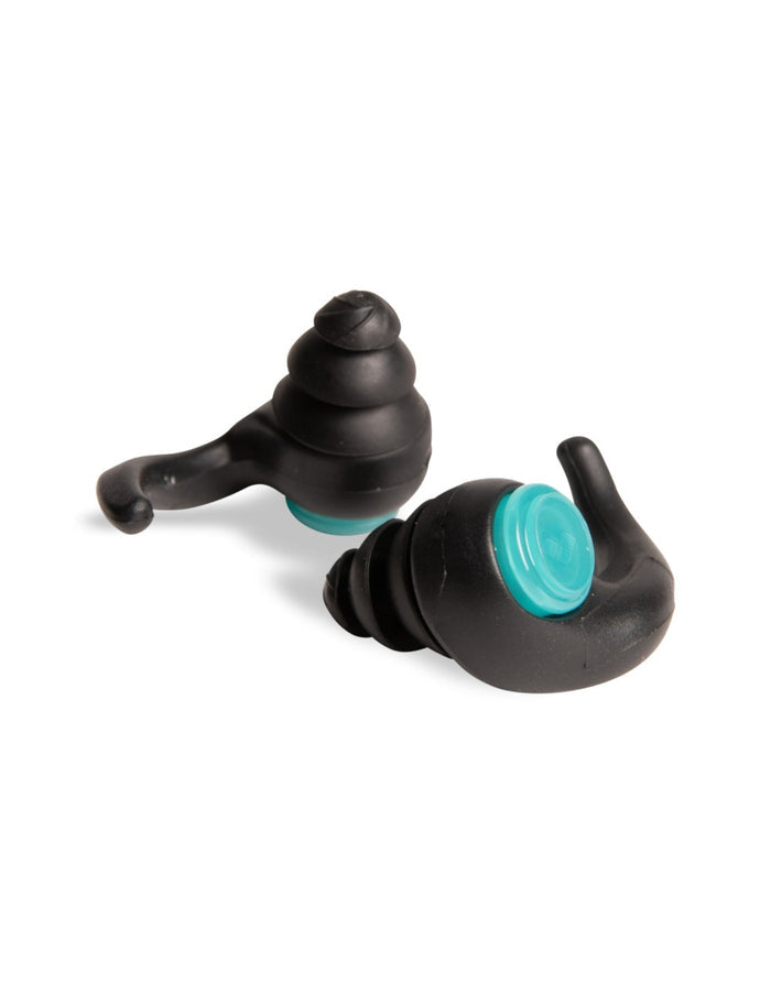Arena Junior 3-ring form swim earplugs in black and teal with silicone tips