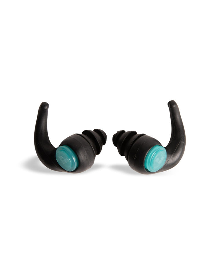 Black and teal Arena Junior 3-ring form swim earplug with curved design