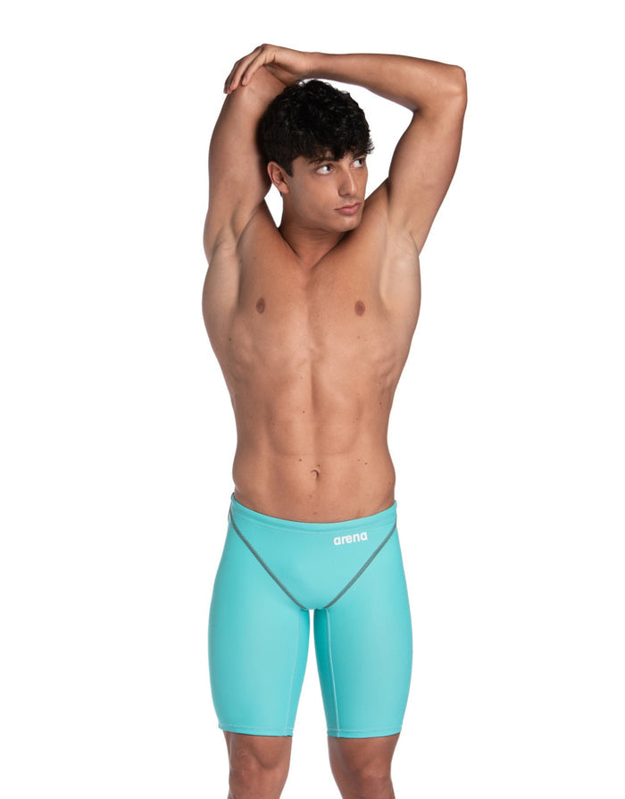 Arena Powerskin ST NEXT Jammer in aquamarine blue with teal recycled compression shorts