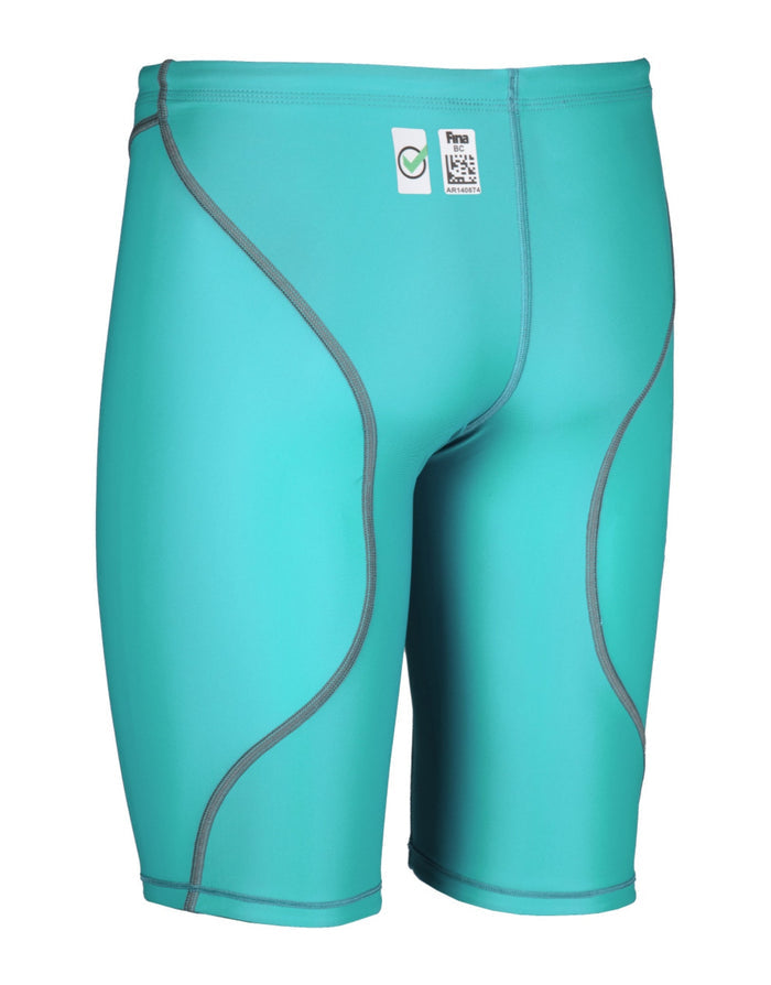 Arena Powerskin ST NEXT Jammer in aquamarine blue with teal compression shorts, gray accents, elastic waistband, mild compression, recycled materials