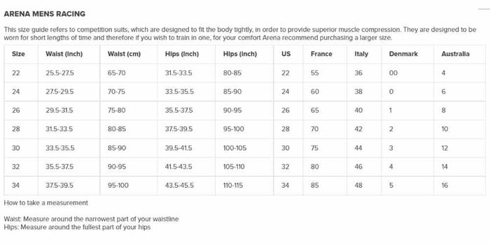 Arena Powerskin ST NEXT Jammer size chart in Deep Red with mild compression