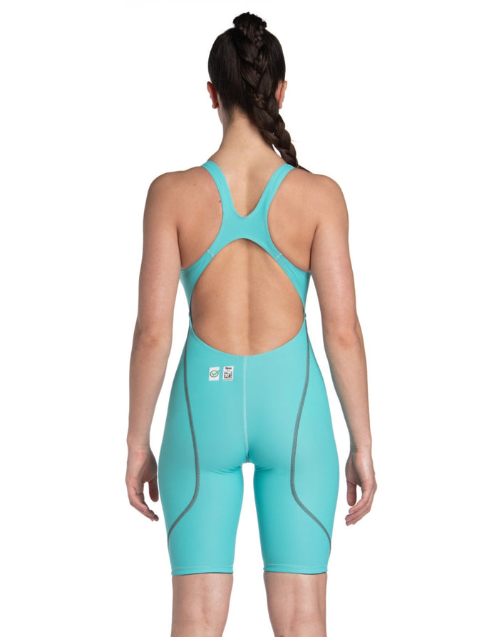 Arena Powerskin ST NEXT open back bodysuit in aquamarine blue with recycled fabric