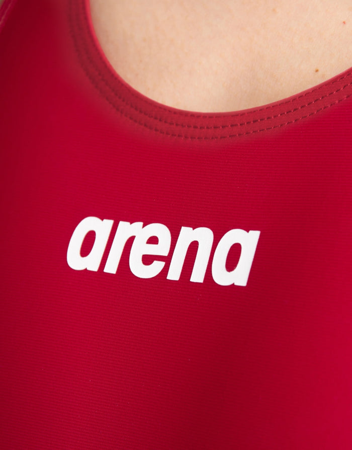 Deep red Arena Powerskin ST NEXT open back swimsuit top with white logo in recycled fabric