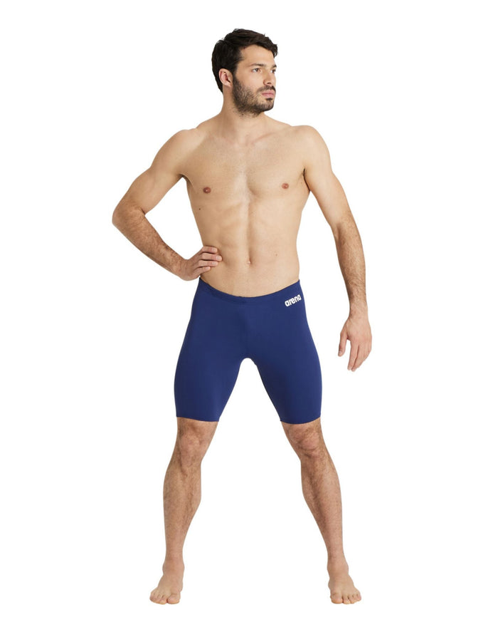 Royal blue Arena team solid swim jammer with white spandex logo