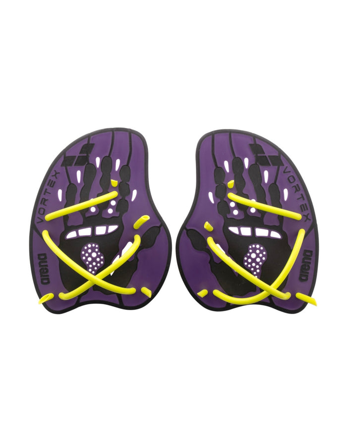 Arena Vortex Evolution plum lime hand paddles in purple yellow camo