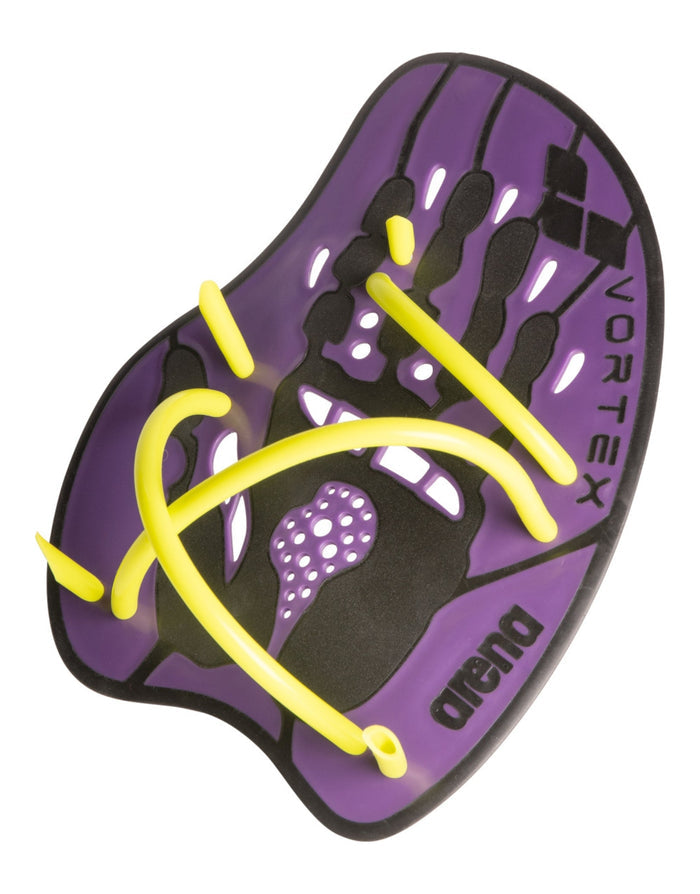 Arena Vortex Evolution purple swim paddles with yellow straps