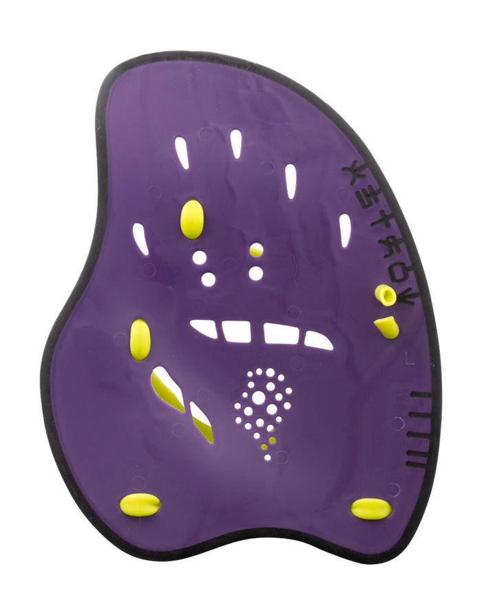 Purple Arena Vortex Evolution hand paddle with lime accents and grip holes