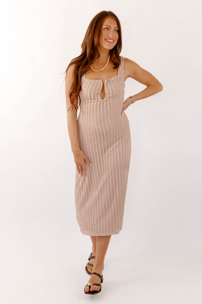 Pink Crochet Knit Dress - Pink Knitted Midi Dress- B Right Crochet Dress