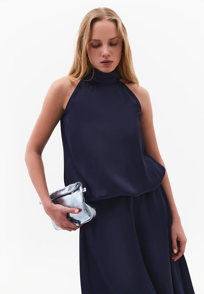 Balloon Form Blouse With High Neck And Tie Detail - MIDNIGHT