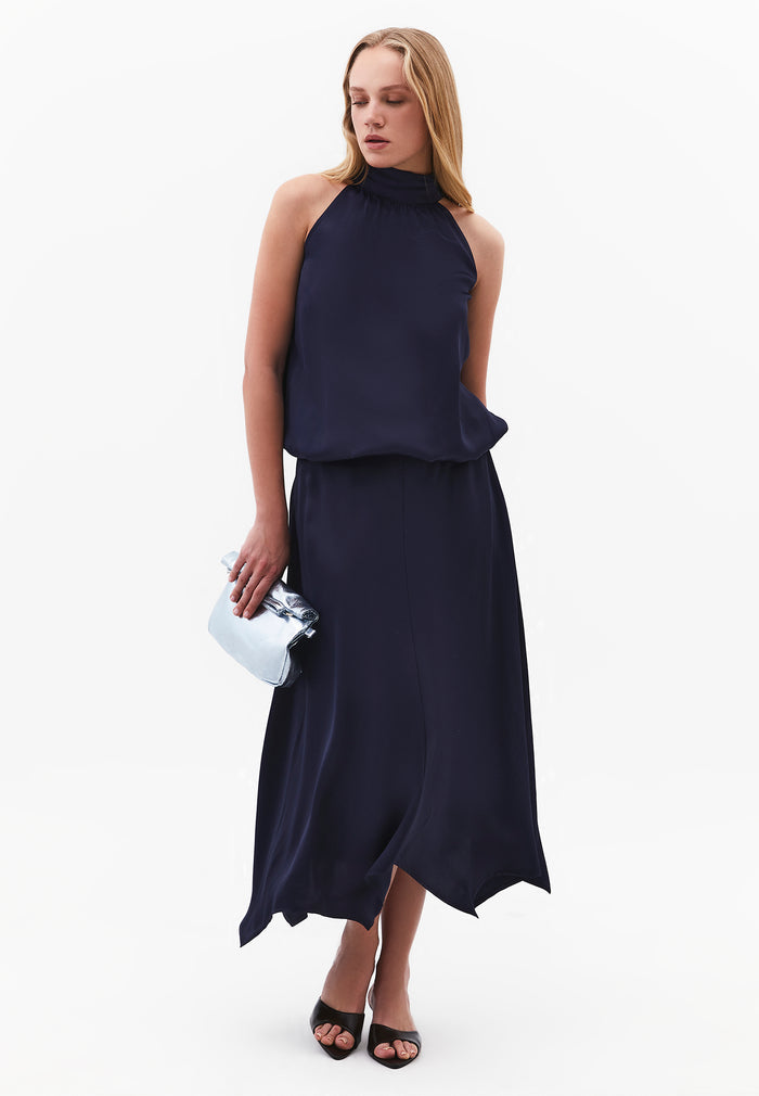 Balloon Form Blouse With High Neck And Tie Detail - MIDNIGHT