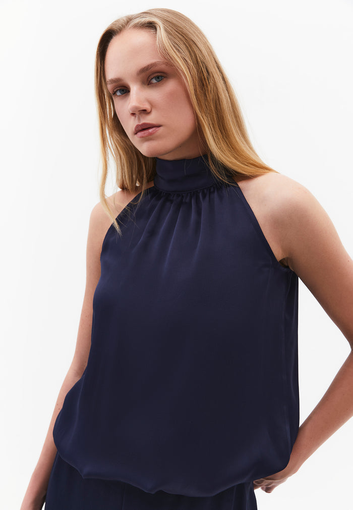 Balloon Form Blouse With High Neck And Tie Detail - MIDNIGHT