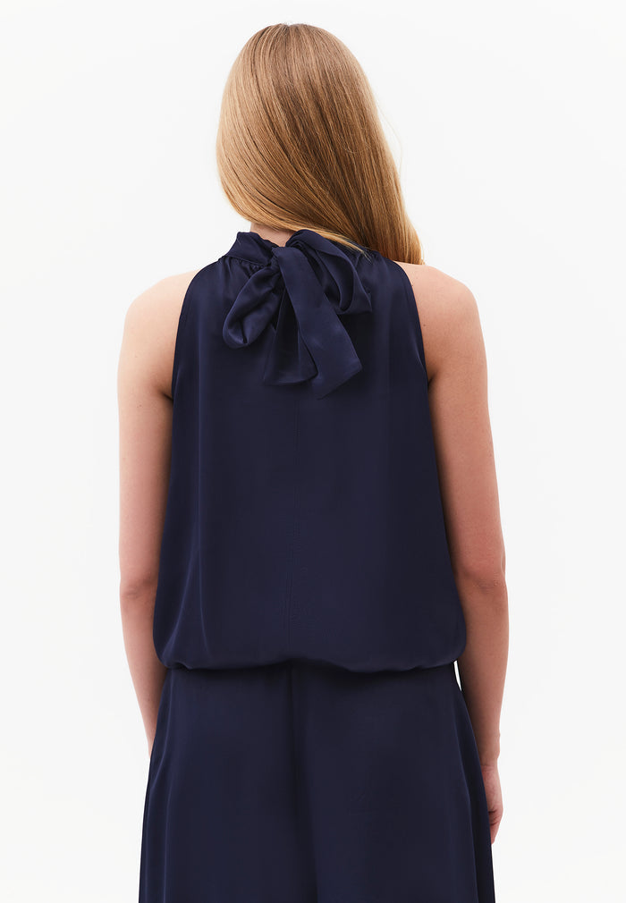 Balloon Form Blouse With High Neck And Tie Detail - MIDNIGHT