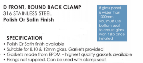 Balustrade Pool Fence Glass Clamp Round Back 316 Stainless Steel, 8 & 10 & 12mm - Image 3