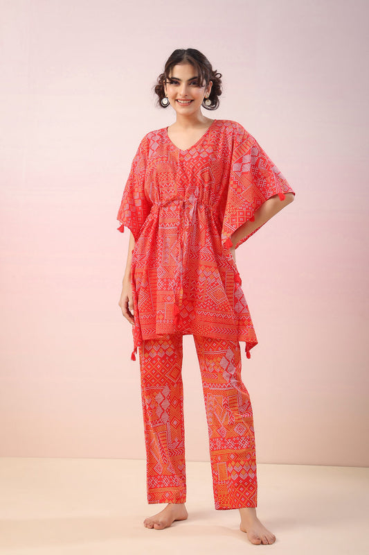 Bandhej on Red Kaftan Cotton Co-ord Set
