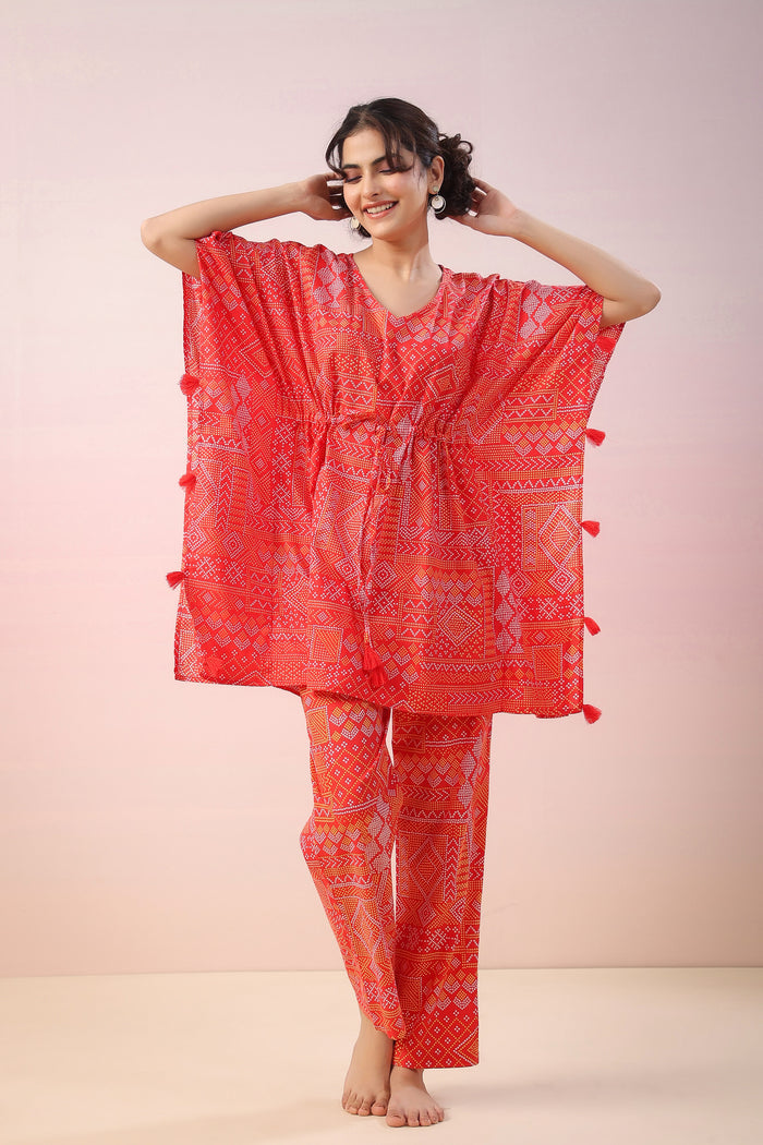 Bandhej on Red Kaftan Cotton Co-ord Set