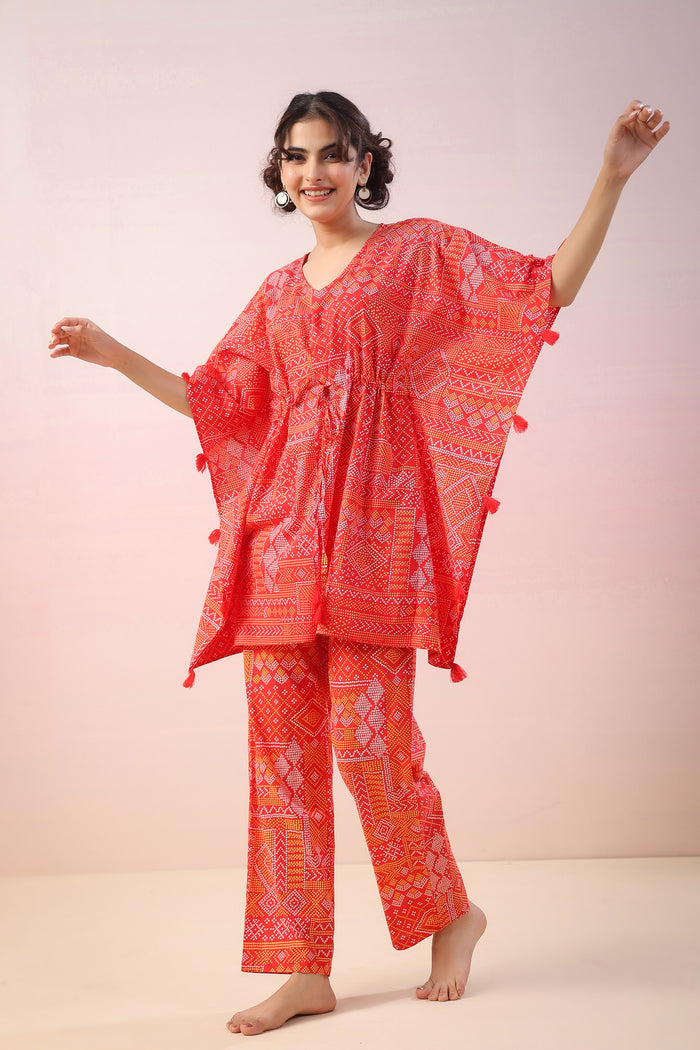 Bandhej on Red Kaftan Cotton Co-ord Set