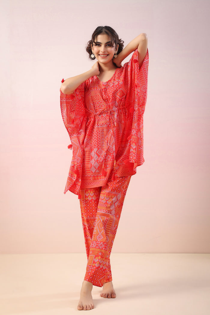 Bandhej on Red Kaftan Cotton Co-ord Set