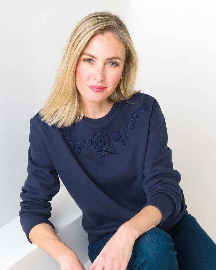 Bea Cotton Mix Navy Embroidered Sweatshirt - The Classic Boutique