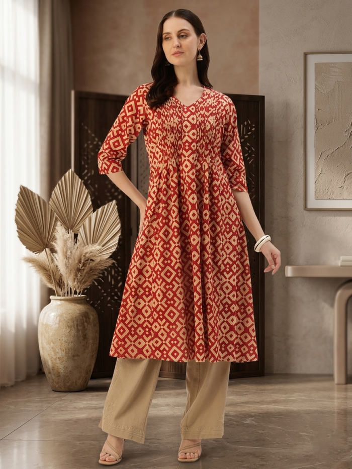 Beige With Red Geometric Printed Kurta