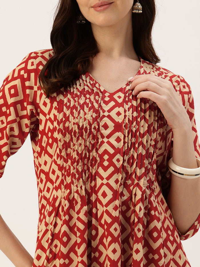 Beige With Red Geometric Printed Kurta