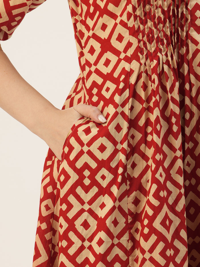 Beige With Red Geometric Printed Kurta