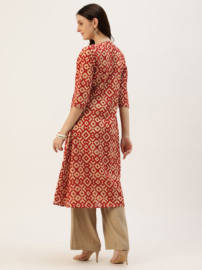 Beige With Red Geometric Printed Kurta
