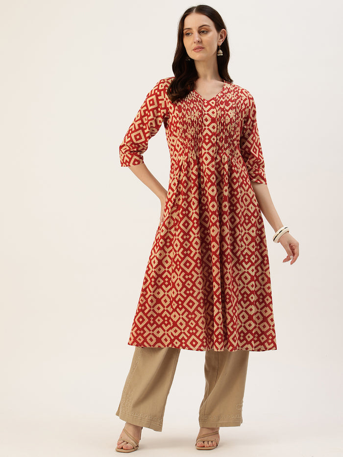 Beige With Red Geometric Printed Kurta