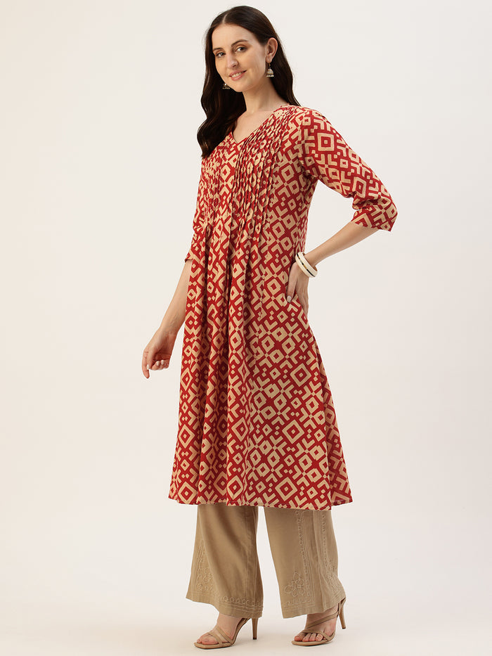 Beige With Red Geometric Printed Kurta
