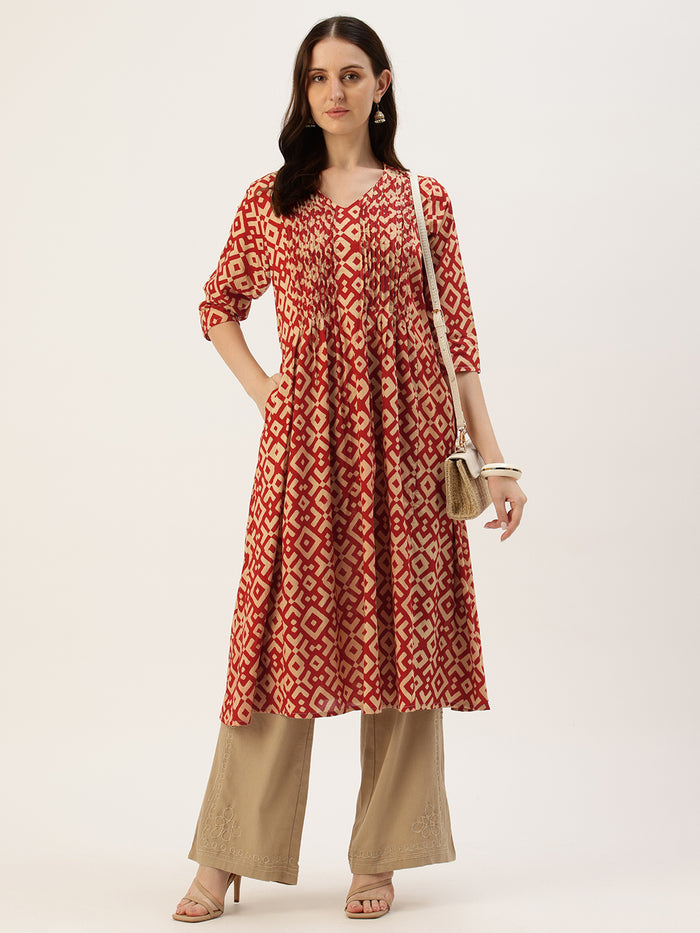 Beige With Red Geometric Printed Kurta