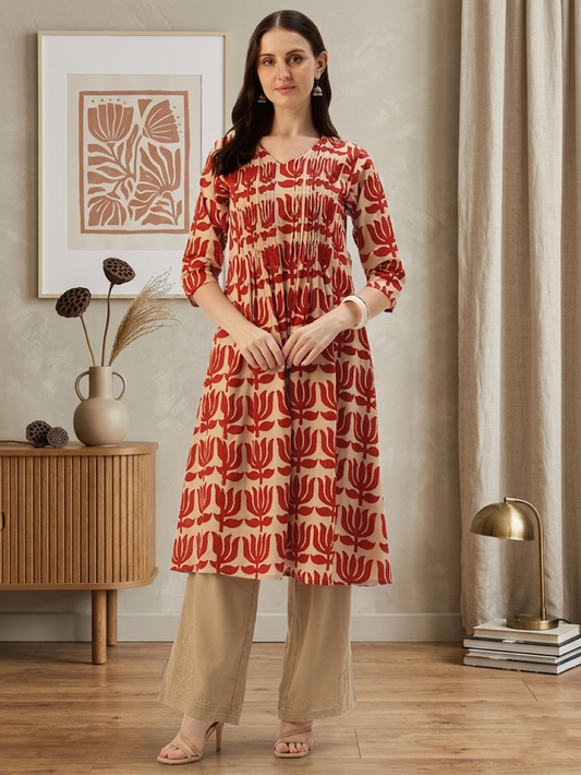Beige With Red Kamal Printed Kurta