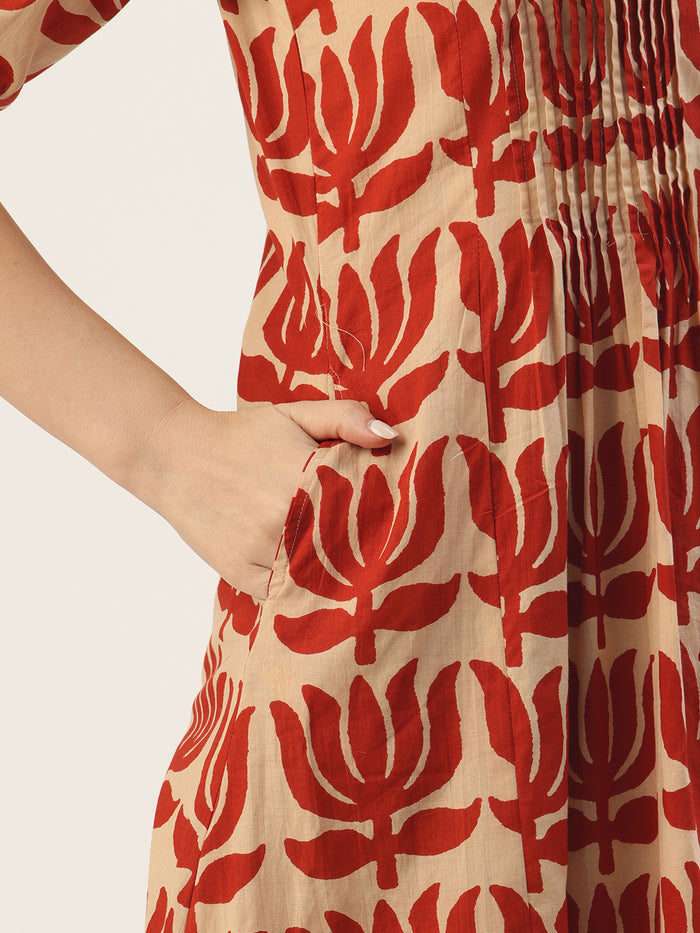 Beige With Red Kamal Printed Kurta