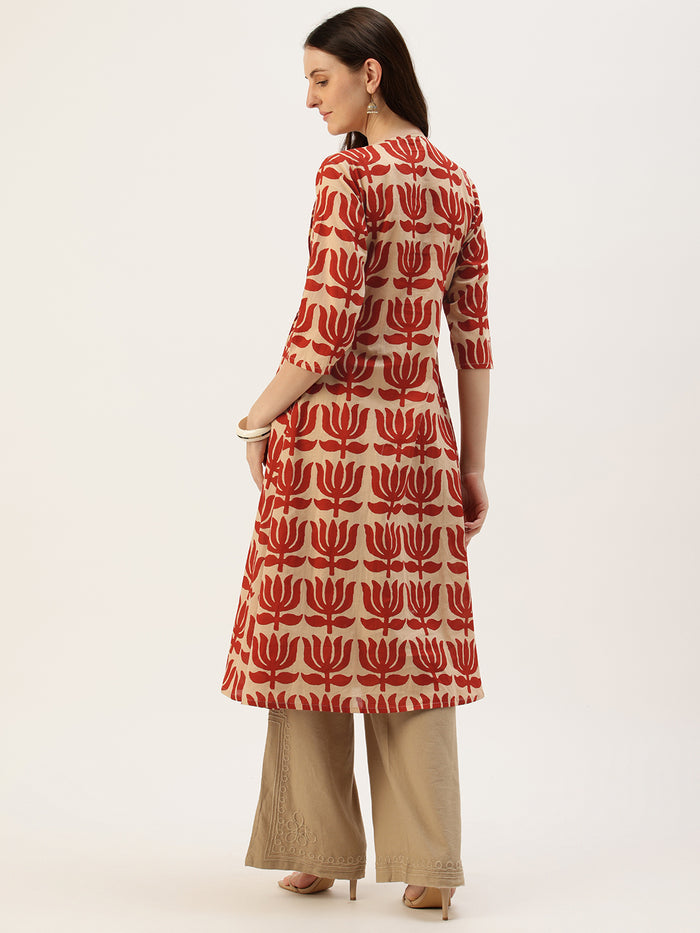 Beige With Red Kamal Printed Kurta