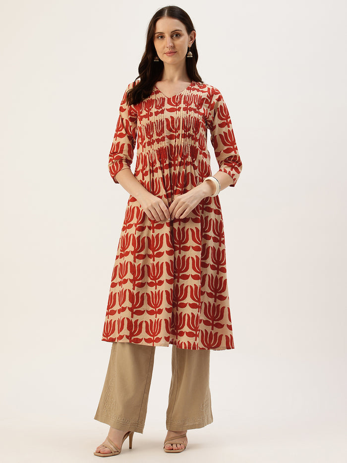 Beige With Red Kamal Printed Kurta