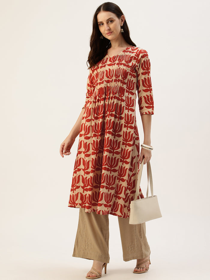 Beige With Red Kamal Printed Kurta