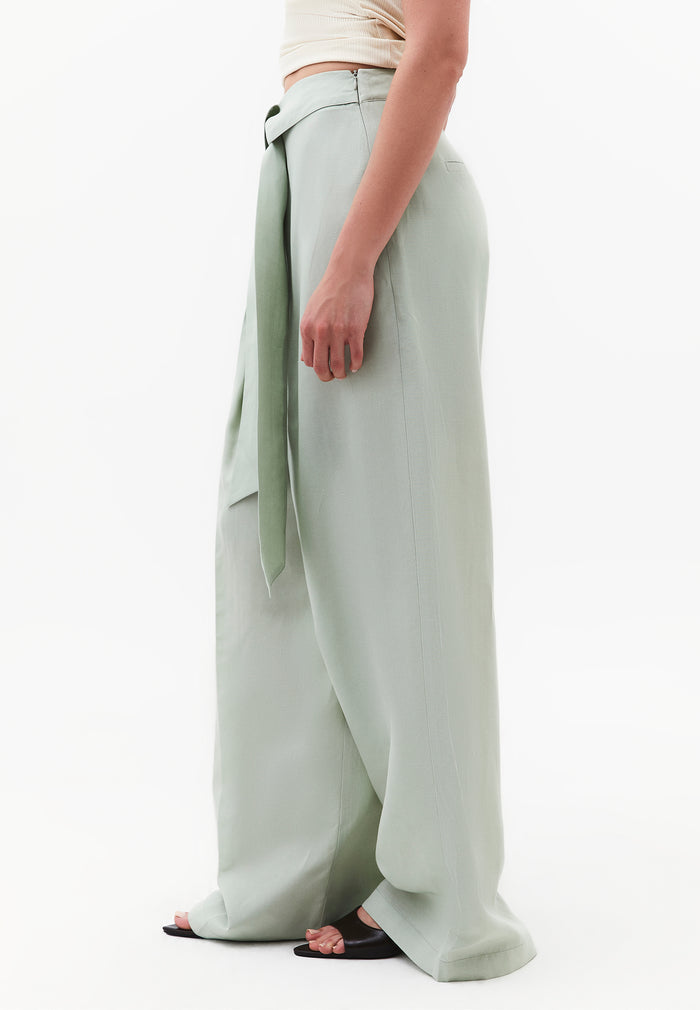 Belted High Waist Wide Leg Pants - AQUA GRAY