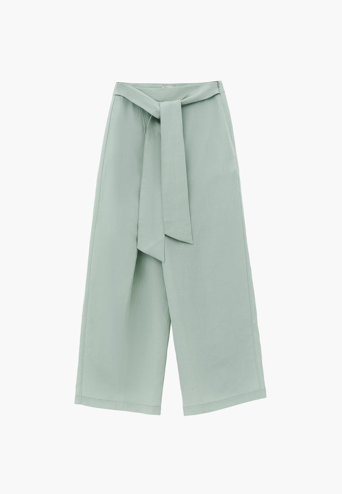 Belted High Waist Wide Leg Pants - AQUA GRAY