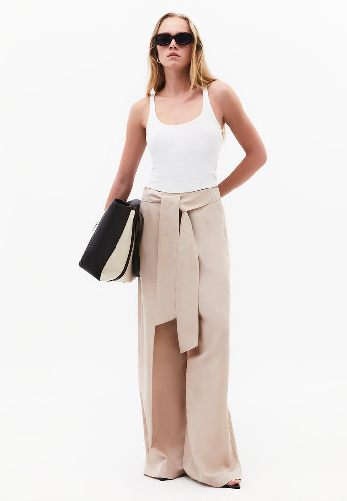 Belted High Waist Wide Leg Pants - FEATHER GRAY