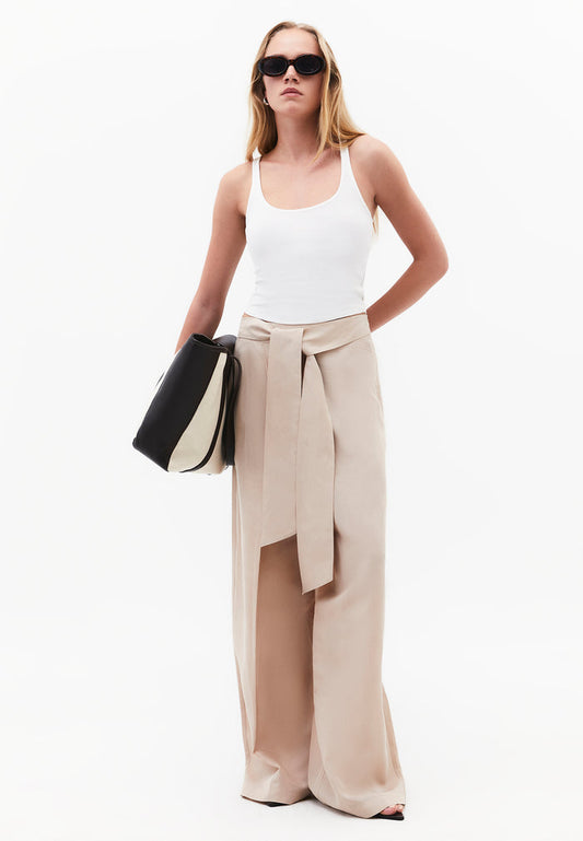 Belted High Waist Wide Leg Pants - FEATHER GRAY