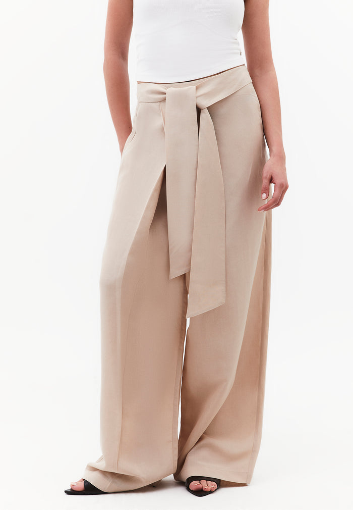 Belted High Waist Wide Leg Pants - FEATHER GRAY