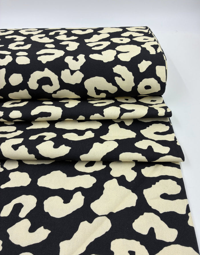 Black & Cream Leopard Print Cotton Canvas Fabric